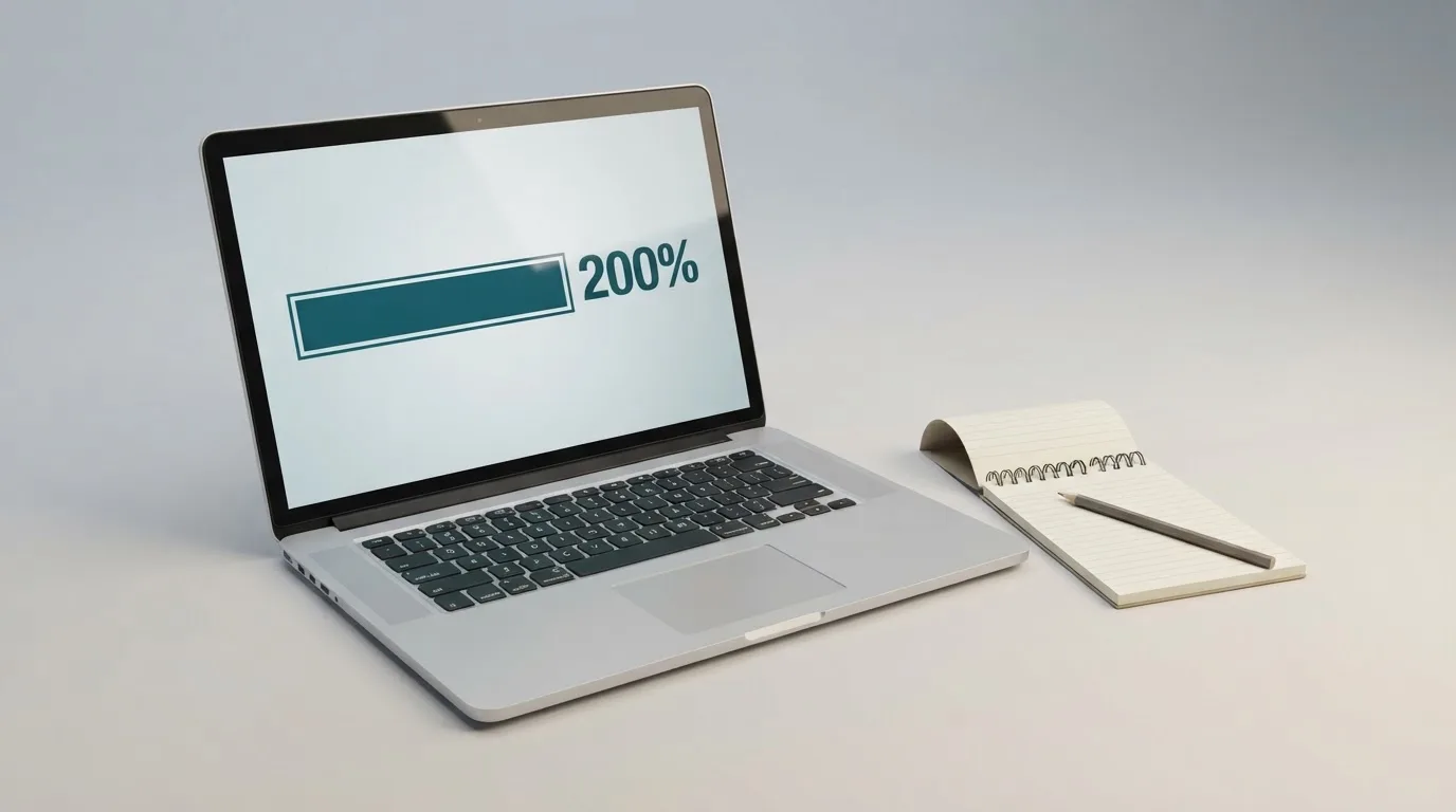 Ekran laptopa z prostym paskiem procentowym oznaczającym wysokość bonusu powitalnego w USDT, obok notatnik.