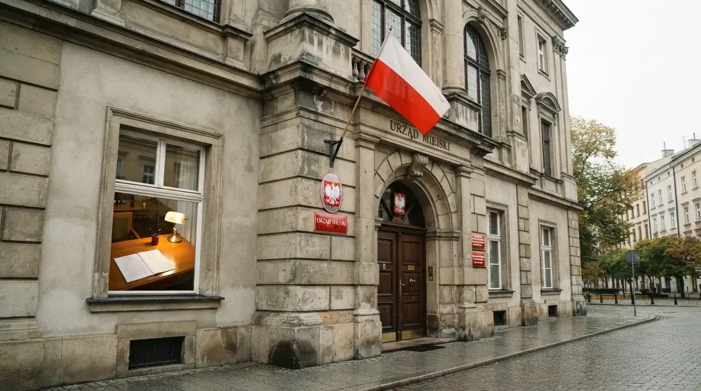 Budynek urzędu państwowego z flagą Polski i wydrukowaną ustawą o grach hazardowych leżącą na biurku