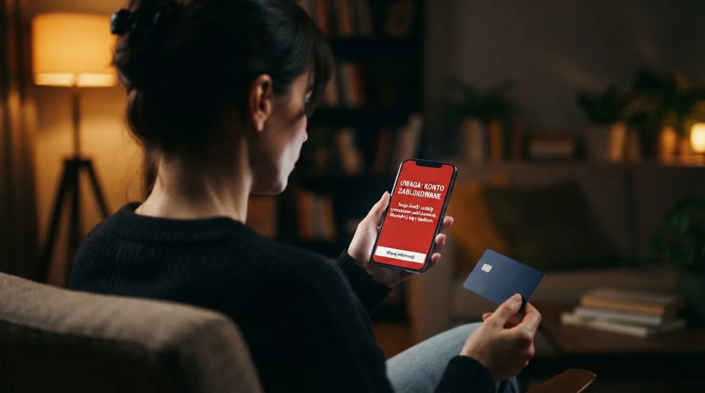 Osoba patrząca na telefon z komunikatem o zablokowanym saldzie, druga ręka trzymająca pustą kartę płatniczą.